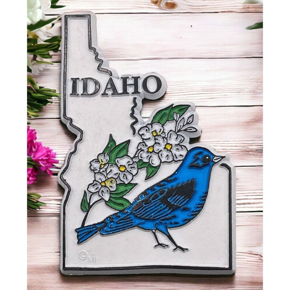 Idaho State Outline Refrigerator Magnet Vintage Bluebird Syringa Travel Souvenir